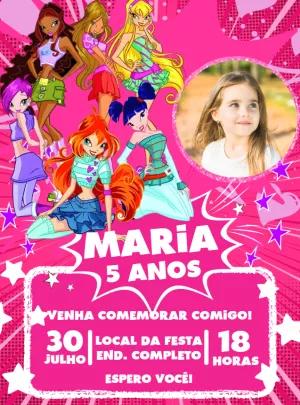 Convite Aniversário Winx com Foto para Editar Online
