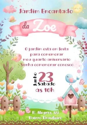 Convite Aniversário Jardim Encantado com Pássaros para Editar
