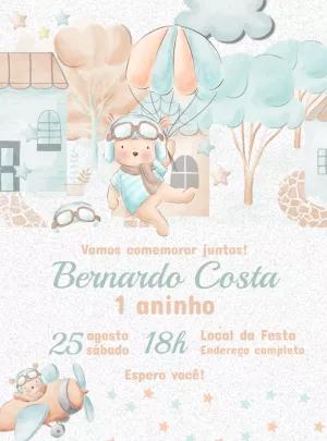 Convite Ursinho Aviador Aquarela para Aniversário Editável