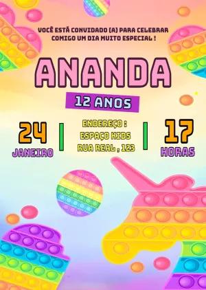 Convite de Aniversário Unicórnio Pop It para Editar Online