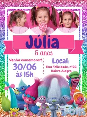 Convite Aniversário Trolls com Foto para Editar Online