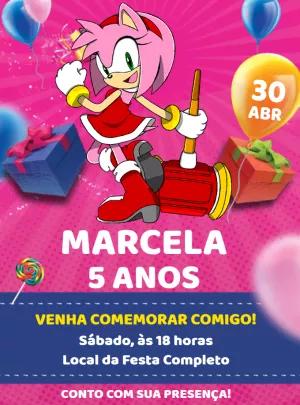 Convite Aniversário Amy Rose do Sonic para Editar Online