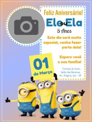Convite Aniversário Minions com Foto para Editar Online