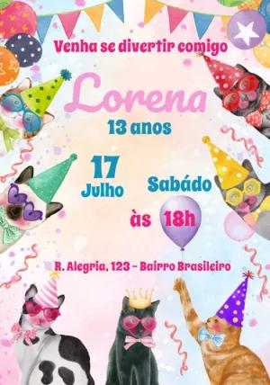 Convite de Aniversário Gatinhos de Festa para Editar Online