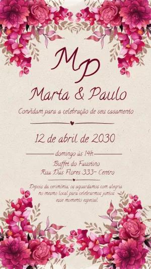 Convite de Casamento Floral Marsala para Editar Online