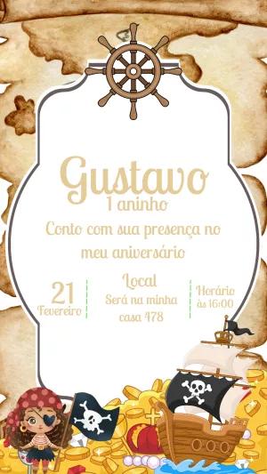 Convite de Aniversário Pirata com Tesouro para Editar Online
