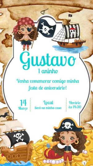 Convite de Aniversário Pirata com Personagens para Editar