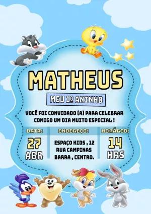Convite Aniversário Baby Looney Tunes com Personagens para Editar