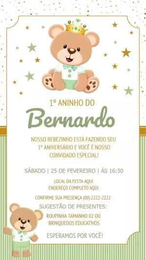Convite Aniversário Ursinho Príncipe Verde e Dourado para Editar