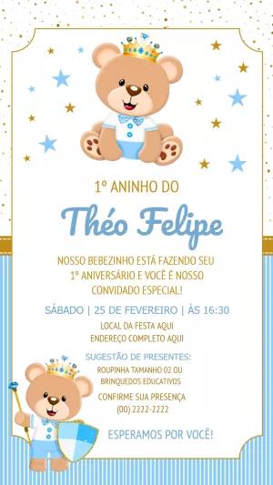 Convite Aniversário Ursinho Príncipe Azul para Editar Online