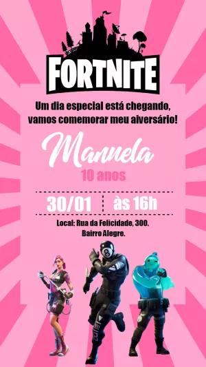 Convite Aniversário Fortnite Rosa para Menina para Editar Online