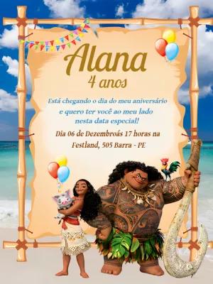 Convite de Aniversário Moana com Personagens para Editar Online