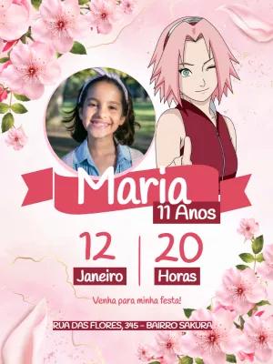 Convite de Aniversário Sakura com Foto para Editar Online