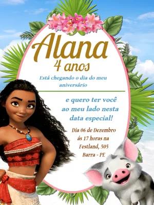 Convite de Aniversário Moana com Personagens para Editar Online