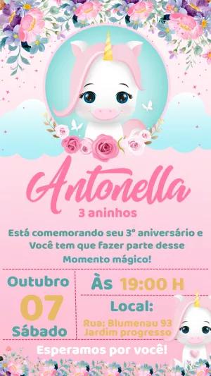 Convite Aniversário Unicórnio Rosa para Editar Online
