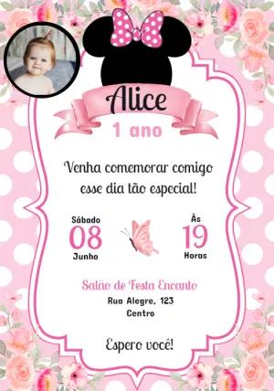 Convite Aniversário Minnie Mouse com Foto para Editar Online