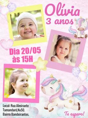 Convite de Aniversário Unicórnio com Fotos para Editar