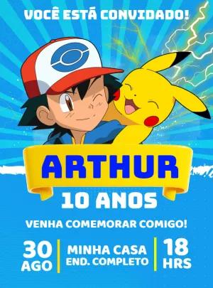 Convite de Aniversário Pokémon com Ash e Pikachu para Editar