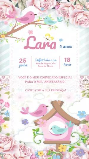 Convite Aniversário Jardim Encantado com Passarinhos para Editar