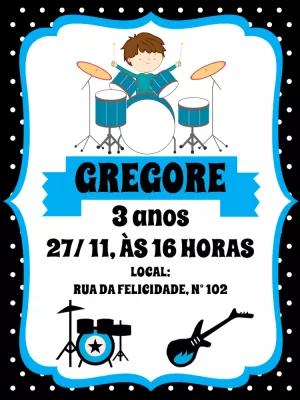 Convite de Aniversário Rock Baterista para Editar Online
