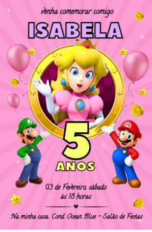 Convite Digital Aniversário Princesa Peach e Mario Editável