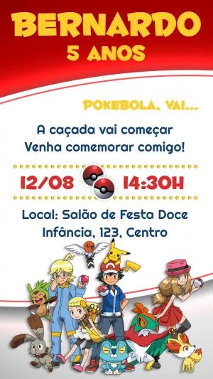 Convite de Aniversário Pokémon com Ash e Pikachu para Editar