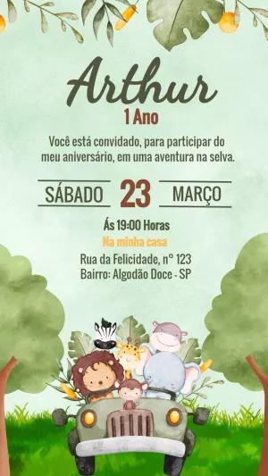 Convite Aniversário Safari com Animais Fofos para Editar Online