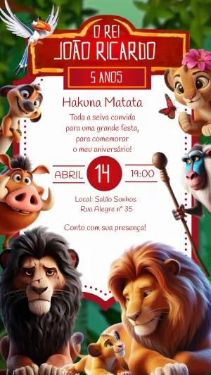 Convite de Aniversário Rei Leão com Personagens para Editar