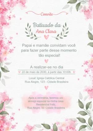 Convite de Batizado Floral Rosa para Editar e Imprimir