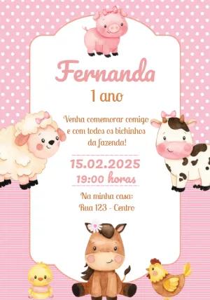 Convite Aniversário Fazendinha Rosa com Bichinhos para Editar