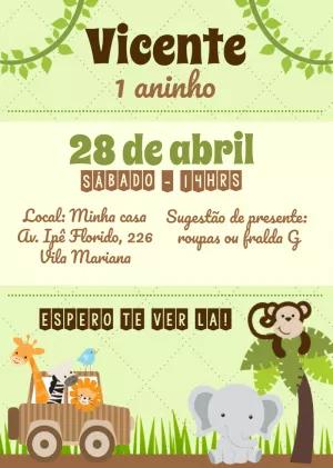 Convite Aniversário Safari com Animais para Editar Online