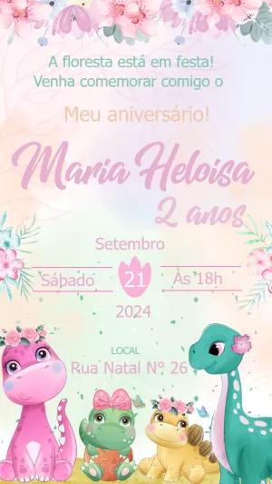 Convite Aniversário Dinossauro Rosa Menina para Editar Online