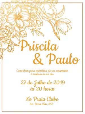 Convite de Casamento Elegante com Flores Douradas para Editar