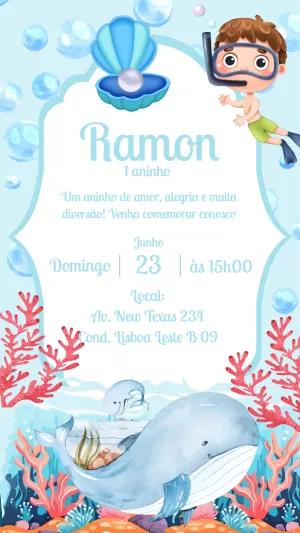 Convite Aniversário Fundo do Mar com Menino para Editar Online