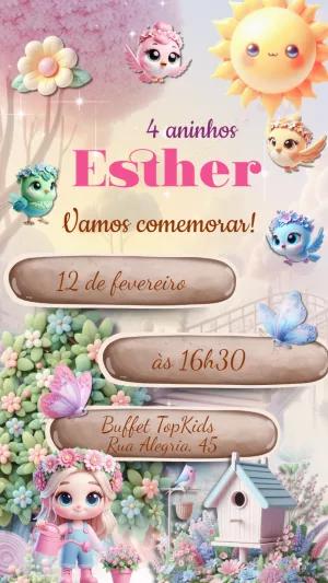 Convite de Aniversário Jardim Encantado com Pássaros para Editar