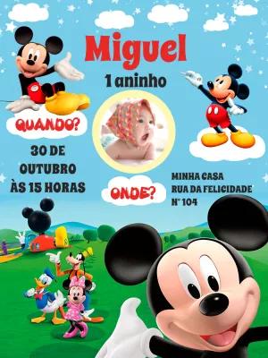 Convite Aniversário Mickey Mouse com Foto para Editar Online