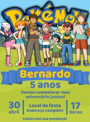 Convite de Aniversário Pokémon com Personagens para Editar