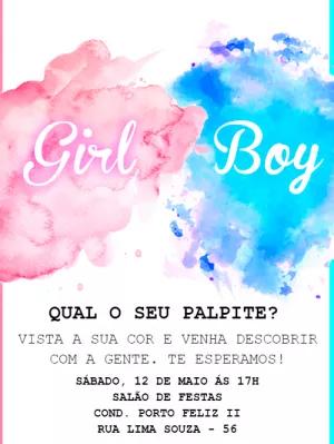 Convite de Chá Revelação Aquarela Rosa e Azul para Editar