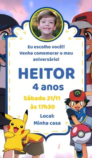 Convite Aniversário Pokémon com Foto para Editar Online