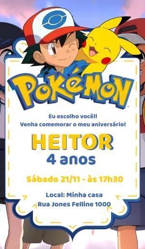 Convite de Aniversário Pokémon com Ash e Pikachu para Editar