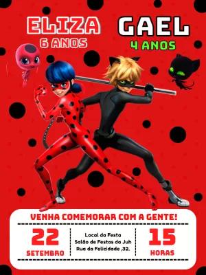 Convite Aniversário Duplo Miraculous e Cat Noir para Editar