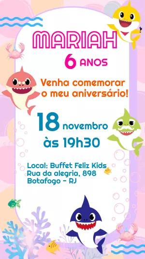 Convite de Aniversário Baby Shark com Personagens para Editar