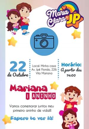 Convite Aniversário Maria Clara e JP com Foto para Editar Online