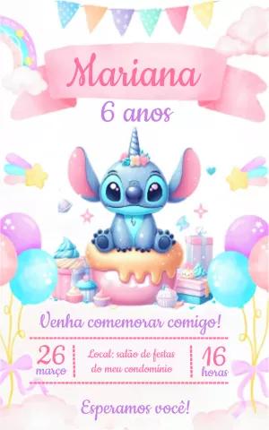 Convite Aniversário Stitch Unicórnio Rosa para Editar Online