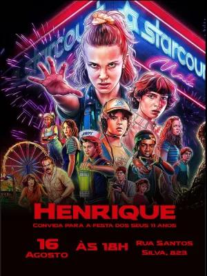 Convite Aniversário Stranger Things com Personagens para Editar