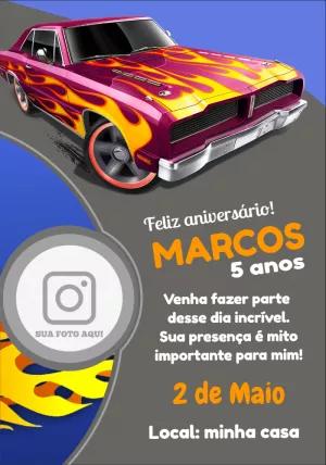 Convite Aniversário Carros com Foto para Editar Online