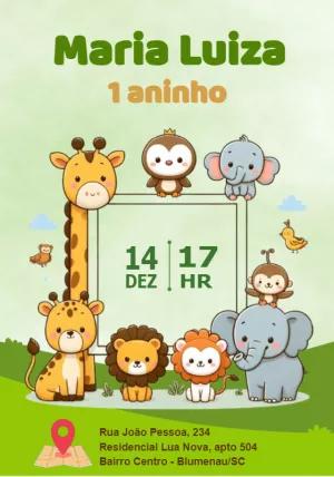 Convite Aniversário Safari com Bichinhos Fofos para Editar Online