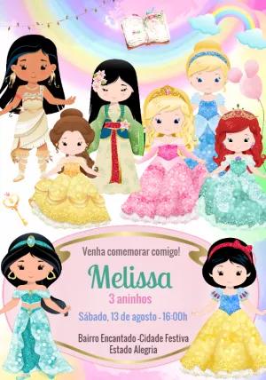 Convite de Aniversário Princesas com Glitter para Editar Online