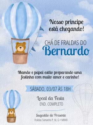 Convite Chá de Fraldas Ursinho Baloeiro para Editar Online