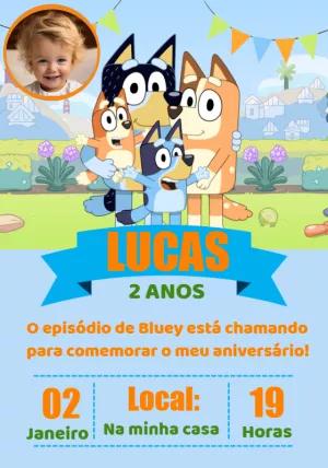 Convite Aniversário Bluey e Bingo com Foto para Editar Online